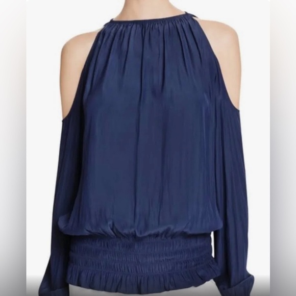 Navy Blue Ramy Brook Top Size XS-M Ruched Waist Cold Shoulder - Picture 1 of 8